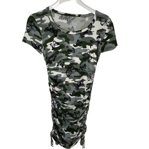 Side-Ruched Y2K Camo Butterfly Dress, M
